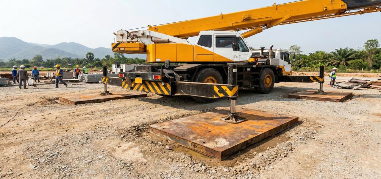 รถเครน 50 ตัน ปฏิบัติงานบนแผ่นเหล็กปูทางหนา 25mm เพื่อป้องกันดินทรุดในไซต์งานก่อสร้าง