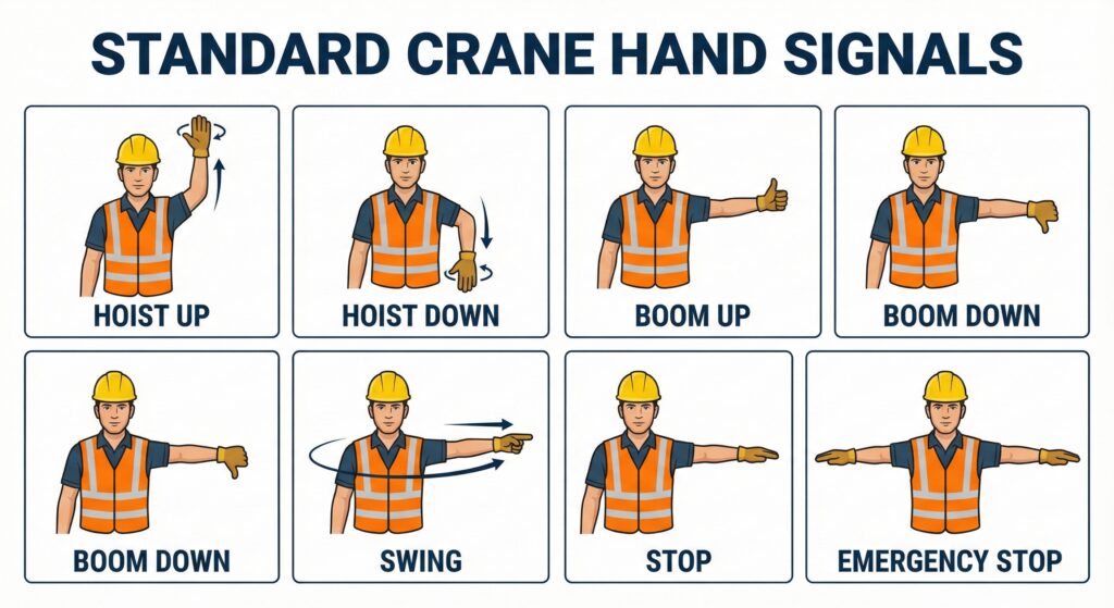 แผนภาพอินโฟกราฟิกแสดง 7 สัญญาณมือเครนมาตรฐาน สำหรับสื่อสารกับคนขับรถเครนให้เช่าอย่างปลอดภัยในไซต์งานก่อสร้าง