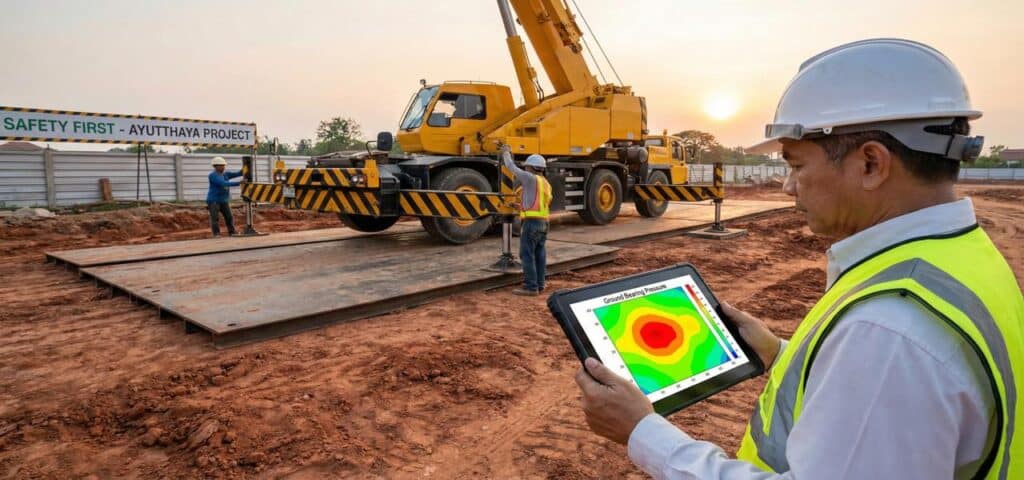 วิศวกรคำนวณแรงกดพื้นและตรวจสอบการตั้งขาเครนบนแผ่นเหล็กในโรงงานนิคมโรจนะ