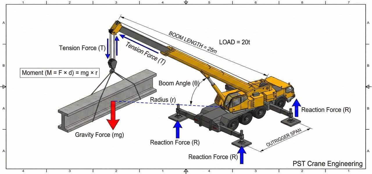 แผนภาพวิเคราะห์แรงทางฟิสิกส์ Vector และโมเมนต์ ขณะเช่ารถเครนยกคานคอนกรีต