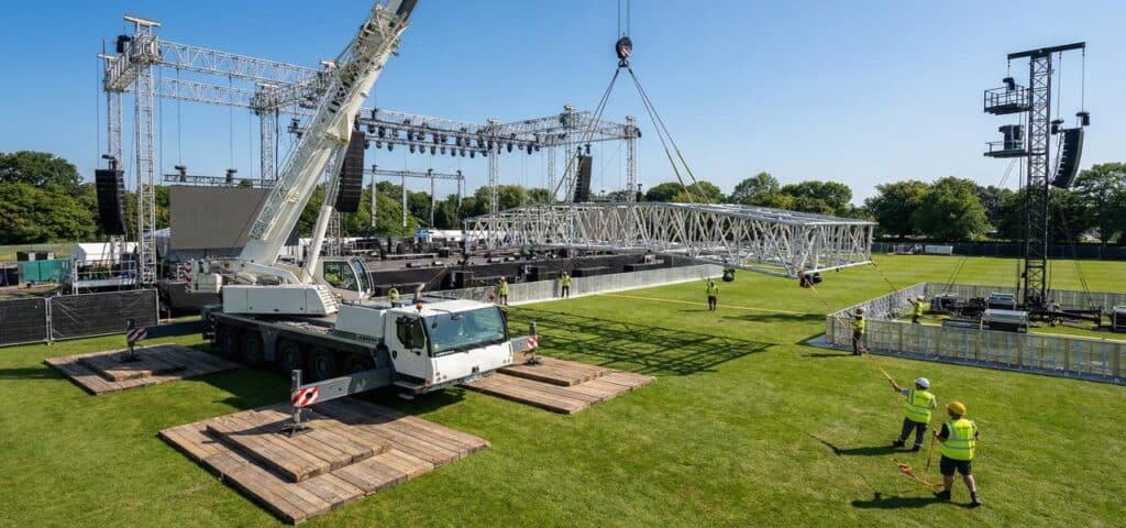รถเครนกำลังยกโครงสร้าง Truss สำหรับเวทีคอนเสิร์ตกลางแจ้งด้วยความปลอดภัย