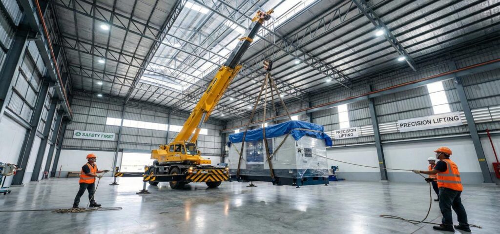 รถเครนขนาดใหญ่กำลังยกเครื่องจักรเข้าโรงงานในพื้นที่บางนา ด้วยความระมัดระวังและปลอดภัย