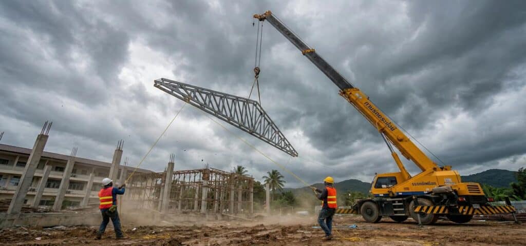 รถเครนกำลังยกโครงหลังคาเหล็กและคนงานดึงเชือกประคองสู้ลมแรง