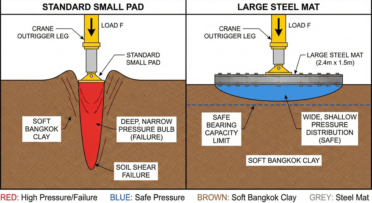 แผนภาพเปรียบเทียบแรงกด Ground Bearing Pressure ของขาเครนบนดินอ่อน ระหว่างการใช้แผ่นเหล็กและไม่ใช้