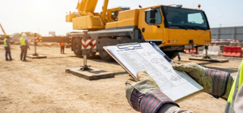 วิศวกรกำลังตรวจสอบ Checklist ใบ ปจ.2 ก่อนให้บริการเช่ารถเครน