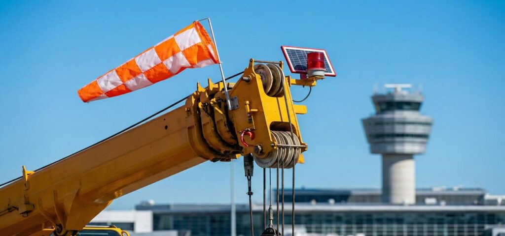 การติดตั้งธงและไฟสัญญาณเตือนบนยอดบูมรถเครนในเขตการบิน