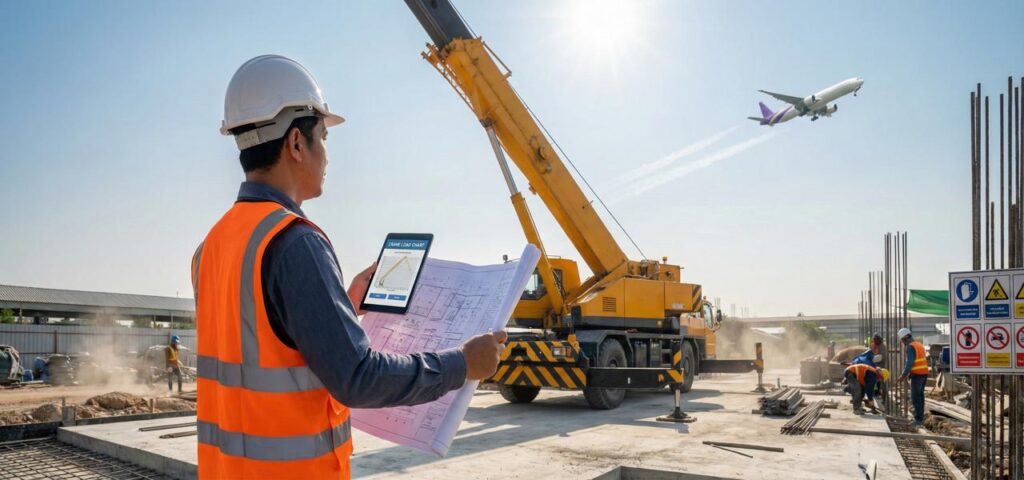 วิศวกรกำลังคำนวณ Load Chart รถเครนและตรวจสอบแผนที่เขตการบินสุวรรณภูมิ