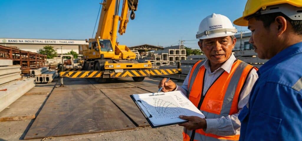 วิศวกรกำลังคำนวณ Load Chart รถเครนและมุมสลิงหน้างานโรงงานบางนา เพื่อวางแผนการยกอย่างปลอดภัย