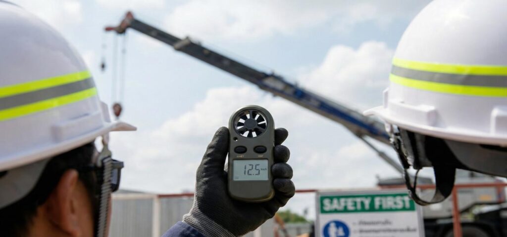 วิศวกรใช้เครื่องวัดความเร็วลมตรวจสอบความปลอดภัยหน้างานรถเครน