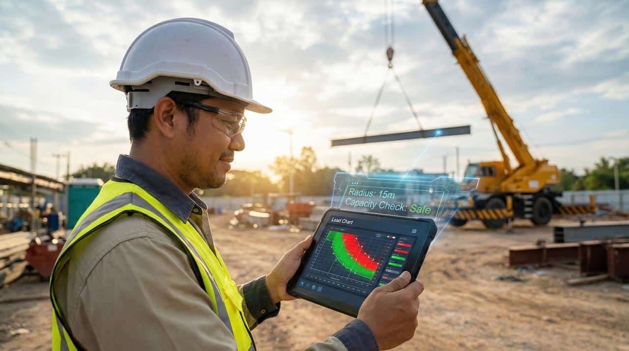 วิศวกร PST.Crane กำลังตรวจสอบตาราง Load Chart และวัดระยะรัศมี (Radius) หน้างานจริงก่อนเริ่มงาน เช่ารถเครน