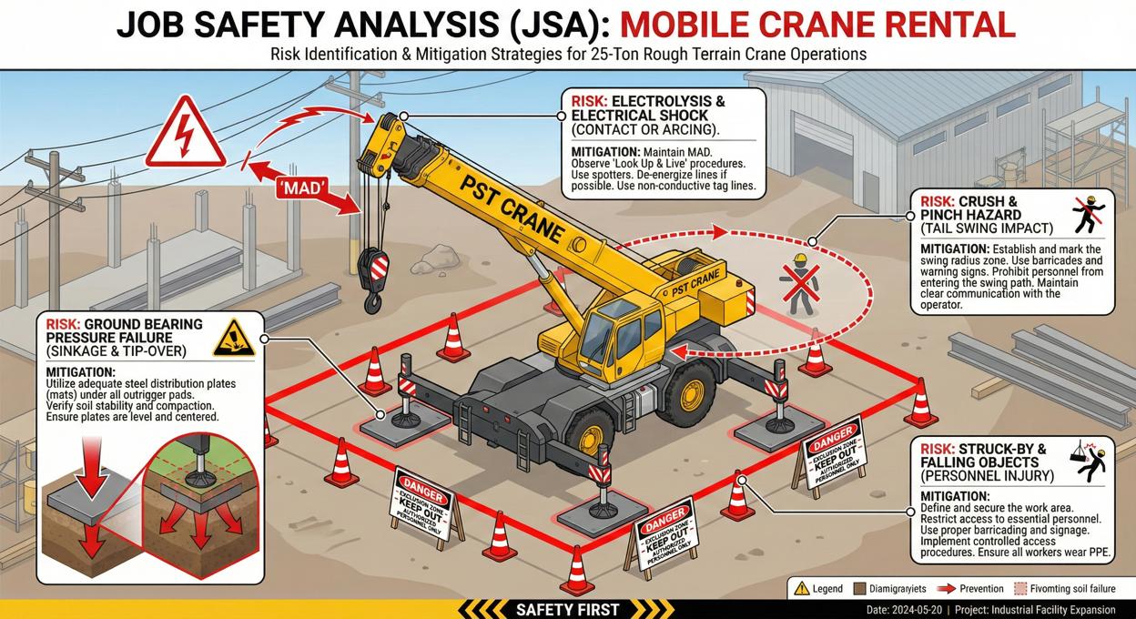 แผนภาพแสดง 4 จุดเสี่ยงสำคัญในการทำ JSA สำหรับงาน ให้เช่ารถเครน ได้แก่ การรับน้ำหนักดิน ระยะห่างสายไฟ รัศมีวงสวิง และเขตหวงห้าม โดยทีมวิศวกร PST Crane