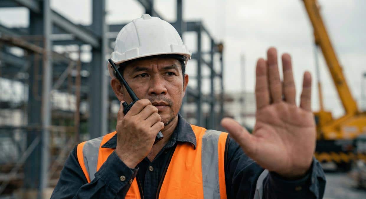Guy Signalling Telehandler เช่ารถเครน Blind Lift ความสำคัญของสัญญาณมือและวิทยุสื่อสาร