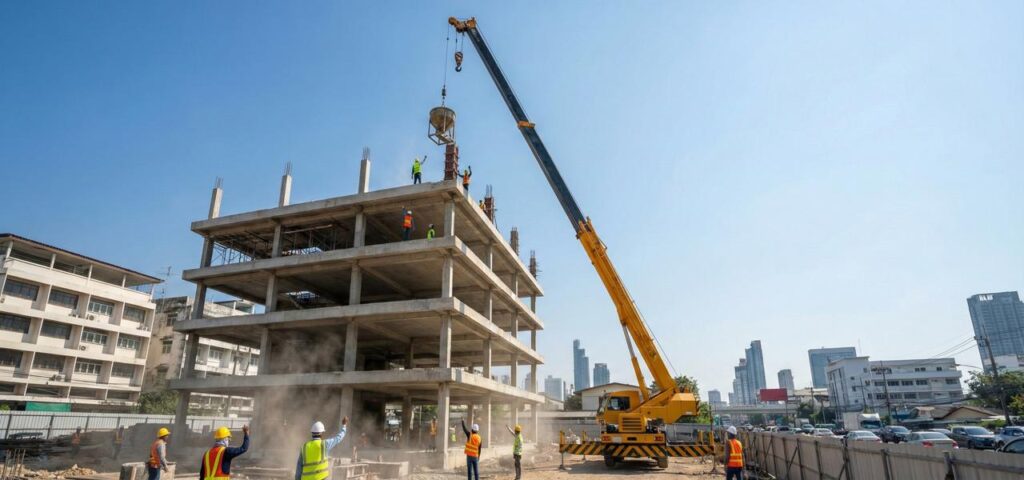 เช่ารถเครนยกพ็อกเก็ตปูนเทเสาตึกสูง ในเขตก่อสร้างกรุงเทพ