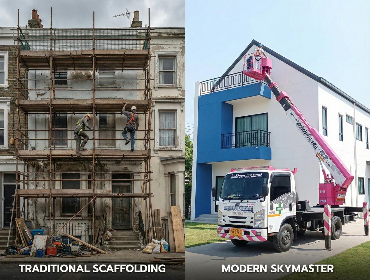 เปรียบเทียบ เช่ารถกระเช้า PST.Crane vs นั่งร้าน ทาสีบ้าน 3-4 ชั้น