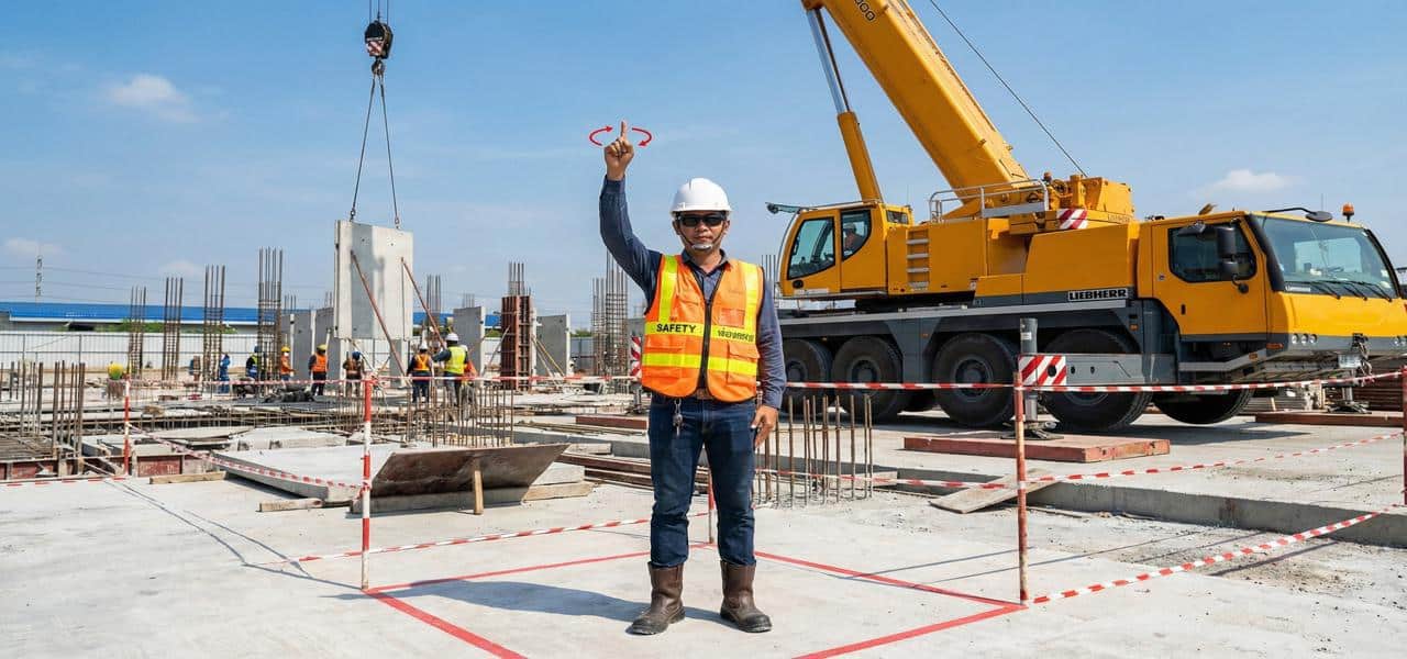 ให้สัญญาณสวมชุด PPE ครบถ้วน ยืนในเขตปลอดภัย กำลังทำท่าสัญญาณมือยกของขึ้นให้กับรถเครนในไซต์งานก่อสร้าง