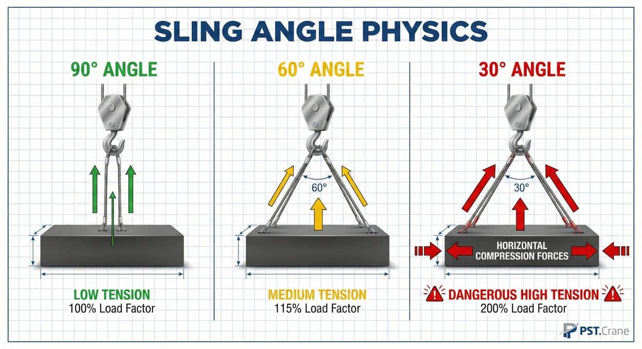 แผนภาพเปรียบเทียบแรงดึง Sling Angle 90 60 และ 30 องศา แสดงความเสี่ยงเมื่อ เช่ารถเครน ยกมุมต่ำ