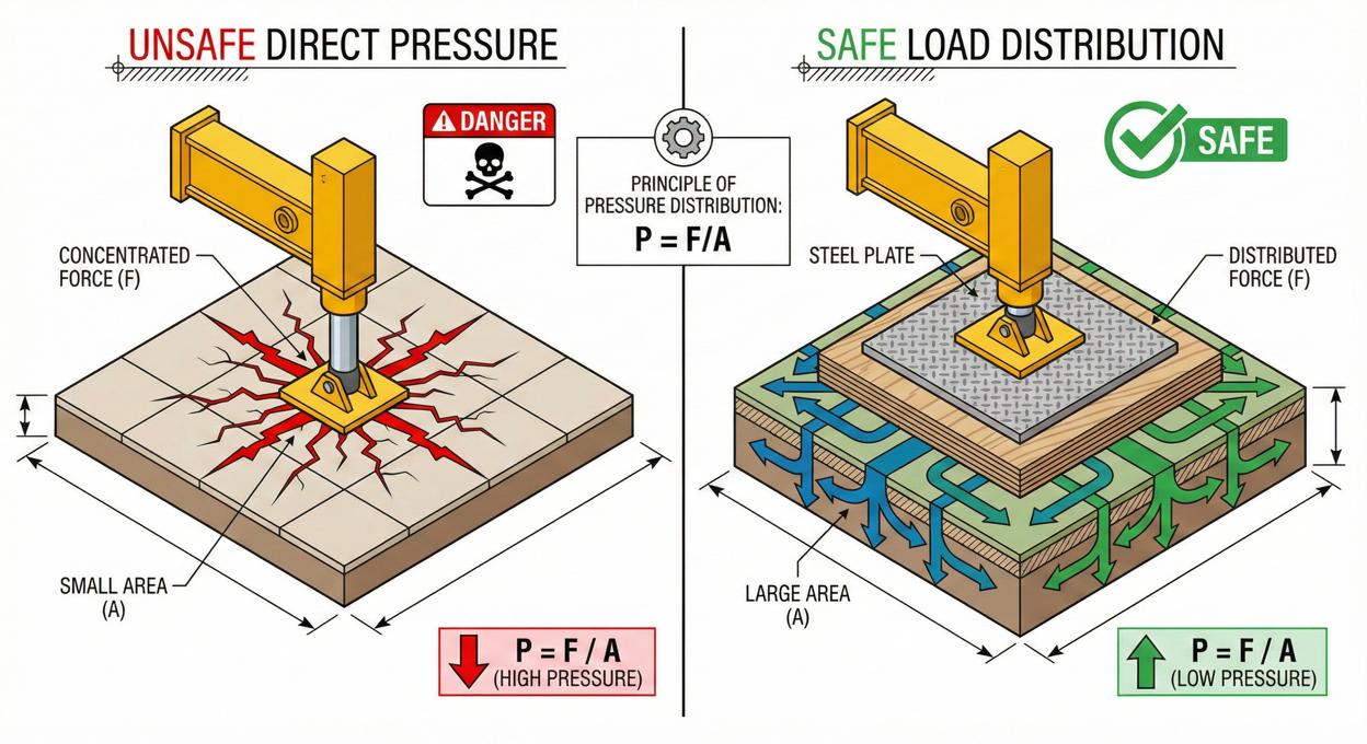 แผนภาพแสดงการกระจายแรงกด (Ground Bearing Pressure) ของขาเครนแมงมุมผ่านระบบ Double Protection ลงสู่พื้นหินอ่อน