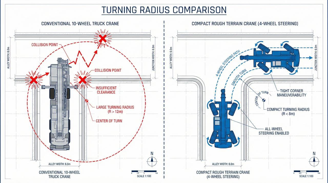 แผนภาพเปรียบเทียบวงเลี้ยวรถเครน 10 ล้อ กับ รถเครน 4 ล้อ Rough Terrain ในซอยแคบ แสดงจุดปะทะและการเลี้ยวพ้นด้วยระบบ 4WS
