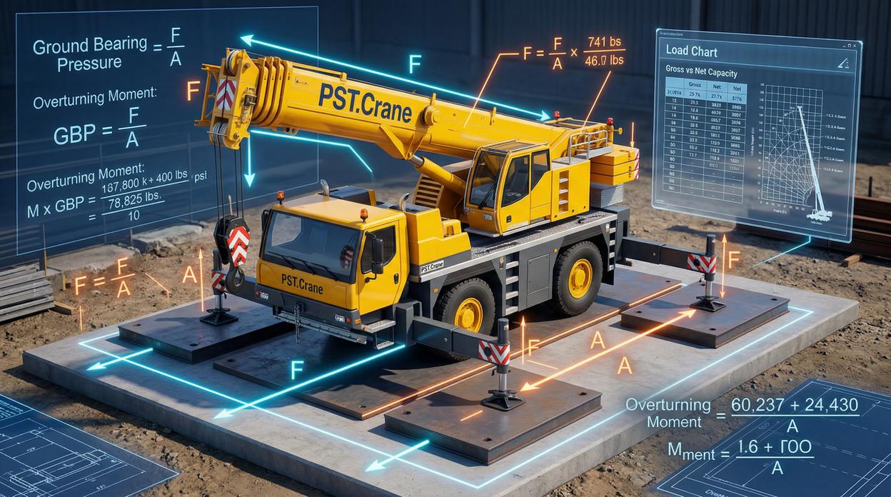 การวิเคราะห์ Load Chart และสูตรคำนวณฟิสิกส์แรงกดทับพื้นดิน (Ground Bearing Pressure) เพื่อวางแผน Lifting Plan ที่ปลอดภัยในการ เช่ารถเครน โดยทีมวิศวกร PST.Crane